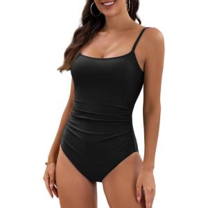 imageEomenie Womens One Piece Swimsuits Tummy Control Ruched Bathing Suit 1 Piece SwimwearBlack