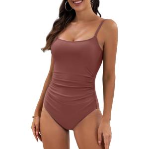 imageEomenie Womens One Piece Swimsuits Tummy Control Ruched Bathing Suit 1 Piece SwimwearBlush Red