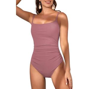 imageEomenie Womens One Piece Swimsuits Tummy Control Ruched Bathing Suit 1 Piece SwimwearBlush Red Ribbed