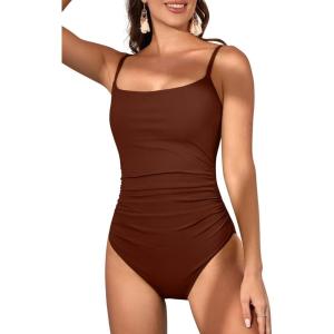 imageEomenie Womens One Piece Swimsuits Tummy Control Ruched Bathing Suit 1 Piece SwimwearBrown Ribbed
