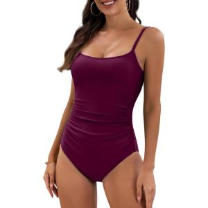 imageEomenie Womens One Piece Swimsuits Tummy Control Ruched Bathing Suit 1 Piece SwimwearBurgundy