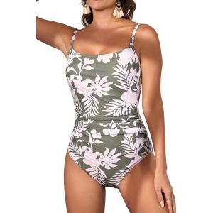 imageEomenie Womens One Piece Swimsuits Tummy Control Ruched Bathing Suit 1 Piece SwimwearGreen Printed