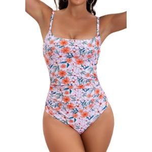 imageEomenie Womens One Piece Swimsuits Tummy Control Ruched Bathing Suit 1 Piece SwimwearOrange Floral Printed