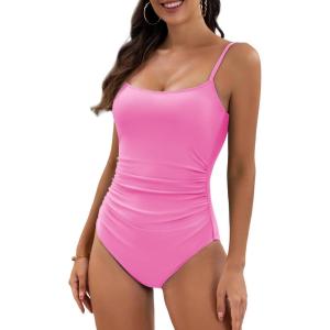 imageEomenie Womens One Piece Swimsuits Tummy Control Ruched Bathing Suit 1 Piece SwimwearPop Pink