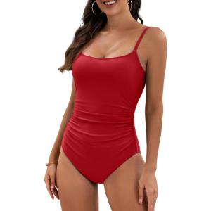 imageEomenie Womens One Piece Swimsuits Tummy Control Ruched Bathing Suit 1 Piece SwimwearRed