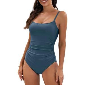 imageEomenie Womens One Piece Swimsuits Tummy Control Ruched Bathing Suit 1 Piece SwimwearSteel Blue