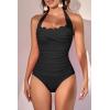 imageEomenie Womens One Piece Tummy Control Swimsuit Halter Scallop Trim Bathing Suits 1 Piece Vintage Ruched Slimming SwimwearBlack