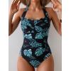 imageEomenie Womens One Piece Tummy Control Swimsuit Halter Scallop Trim Bathing Suits 1 Piece Vintage Ruched Slimming SwimwearBlack Green Printed