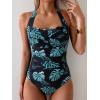 imageEomenie Womens One Piece Tummy Control Swimsuit Halter Scallop Trim Bathing Suits 1 Piece Vintage Ruched Slimming SwimwearBlack Green Printed