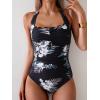 imageEomenie Womens One Piece Tummy Control Swimsuit Halter Scallop Trim Bathing Suits 1 Piece Vintage Ruched Slimming SwimwearBlack White Printed