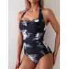 imageEomenie Womens One Piece Tummy Control Swimsuit Halter Scallop Trim Bathing Suits 1 Piece Vintage Ruched Slimming SwimwearBlack White Printed