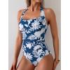 imageEomenie Womens One Piece Tummy Control Swimsuit Halter Scallop Trim Bathing Suits 1 Piece Vintage Ruched Slimming SwimwearBlue White Floral Printed