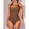 imageEomenie Womens One Piece Tummy Control Swimsuit Halter Scallop Trim Bathing Suits 1 Piece Vintage Ruched Slimming SwimwearBrown