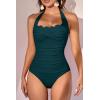 imageEomenie Womens One Piece Tummy Control Swimsuit Halter Scallop Trim Bathing Suits 1 Piece Vintage Ruched Slimming SwimwearDark Green