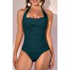 imageEomenie Womens One Piece Tummy Control Swimsuit Halter Scallop Trim Bathing Suits 1 Piece Vintage Ruched Slimming SwimwearDark Green