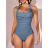 imageEomenie Womens One Piece Tummy Control Swimsuit Halter Scallop Trim Bathing Suits 1 Piece Vintage Ruched Slimming SwimwearHaze Blue