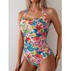 imageEomenie Womens One Piece Tummy Control Swimsuit Halter Scallop Trim Bathing Suits 1 Piece Vintage Ruched Slimming SwimwearOrange Red Printed