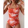 imageEomenie Womens One Piece Tummy Control Swimsuit Halter Scallop Trim Bathing Suits 1 Piece Vintage Ruched Slimming SwimwearOrange White Floral Printed