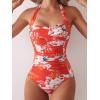 imageEomenie Womens One Piece Tummy Control Swimsuit Halter Scallop Trim Bathing Suits 1 Piece Vintage Ruched Slimming SwimwearOrange White Floral Printed