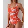 imageEomenie Womens One Piece Tummy Control Swimsuit Halter Scallop Trim Bathing Suits 1 Piece Vintage Ruched Slimming SwimwearOrange White Floral Printed