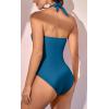 imageEomenie Womens One Piece Tummy Control Swimsuit Halter Scallop Trim Bathing Suits 1 Piece Vintage Ruched Slimming SwimwearPeacock Blue