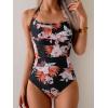 imageEomenie Womens One Piece Tummy Control Swimsuit Halter Scallop Trim Bathing Suits 1 Piece Vintage Ruched Slimming SwimwearPink Black Floral Printed