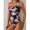 imageEomenie Womens One Piece Tummy Control Swimsuit Halter Scallop Trim Bathing Suits 1 Piece Vintage Ruched Slimming SwimwearPink Black Floral Printed