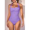 imageEomenie Womens One Piece Tummy Control Swimsuit Halter Scallop Trim Bathing Suits 1 Piece Vintage Ruched Slimming SwimwearPurple