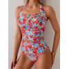 imageEomenie Womens One Piece Tummy Control Swimsuit Halter Scallop Trim Bathing Suits 1 Piece Vintage Ruched Slimming SwimwearRed Blue Floral Printed