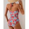 imageEomenie Womens One Piece Tummy Control Swimsuit Halter Scallop Trim Bathing Suits 1 Piece Vintage Ruched Slimming SwimwearRed Blue Floral Printed