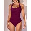 imageEomenie Womens One Piece Tummy Control Swimsuit Halter Scallop Trim Bathing Suits 1 Piece Vintage Ruched Slimming SwimwearWine Red