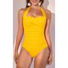 imageEomenie Womens One Piece Tummy Control Swimsuit Halter Scallop Trim Bathing Suits 1 Piece Vintage Ruched Slimming SwimwearYellow