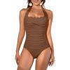imageEomenie Womens One Piece Tummy Control Swimsuit Halter Scallop Trim Bathing Suits 1 Piece Vintage Ruched Slimming SwimwearBrown