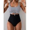 imageEomenie Womens One Piece Swimsuit Tummy Control Slimming Bathing Suit Cutout Tie Knot SwimwearBlack Check Print