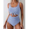 imageEomenie Womens One Piece Swimsuit Tummy Control Slimming Bathing Suit Cutout Tie Knot SwimwearBlue Striped