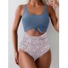imageEomenie Womens One Piece Swimsuit Tummy Control Slimming Bathing Suit Cutout Tie Knot SwimwearGray Blue Print