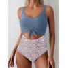 imageEomenie Womens One Piece Swimsuit Tummy Control Slimming Bathing Suit Cutout Tie Knot SwimwearGray Blue Print