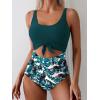 imageEomenie Womens One Piece Swimsuit Tummy Control Slimming Bathing Suit Cutout Tie Knot SwimwearPeacock Green Print