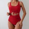 imageEomenie Womens One Piece Swimsuit Tummy Control Slimming Bathing Suit Cutout Tie Knot SwimwearRed