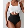 imageEomenie Womens One Piece Swimsuit Tummy Control Slimming Bathing Suit Cutout Tie Knot SwimwearWhite Black Color Block