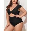 imageEomenie Womens Plus Size One Piece Swimsuits Tummy Control V Neck Cutout Bathing Suit Twist Front Ruffle SwimwearBlack