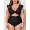 imageEomenie Womens Plus Size One Piece Swimsuits Tummy Control V Neck Cutout Bathing Suit Twist Front Ruffle SwimwearBlack