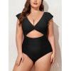 imageEomenie Womens Plus Size One Piece Swimsuits Tummy Control V Neck Cutout Bathing Suit Twist Front Ruffle SwimwearBlack