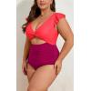 imageEomenie Womens Plus Size One Piece Swimsuits Tummy Control V Neck Cutout Bathing Suit Twist Front Ruffle SwimwearColor Block06