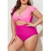 imageEomenie Womens Plus Size One Piece Swimsuits Tummy Control V Neck Cutout Bathing Suit Twist Front Ruffle SwimwearColor Block07