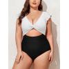 imageEomenie Womens Plus Size One Piece Swimsuits Tummy Control V Neck Cutout Bathing Suit Twist Front Ruffle SwimwearColor Block08