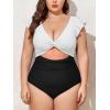 imageEomenie Womens Plus Size One Piece Swimsuits Tummy Control V Neck Cutout Bathing Suit Twist Front Ruffle SwimwearColor Block08
