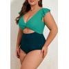 imageEomenie Womens Plus Size One Piece Swimsuits Tummy Control V Neck Cutout Bathing Suit Twist Front Ruffle SwimwearColor Block09
