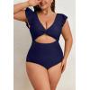 imageEomenie Womens Plus Size One Piece Swimsuits Tummy Control V Neck Cutout Bathing Suit Twist Front Ruffle SwimwearNavy Blue