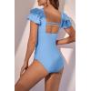 imageEomenie Womens Tummy Control One Piece Swimsuit Ruffle Square Neck Bathing Suit Ruched Cutout Back Slimming SwimwearBaby Blue
